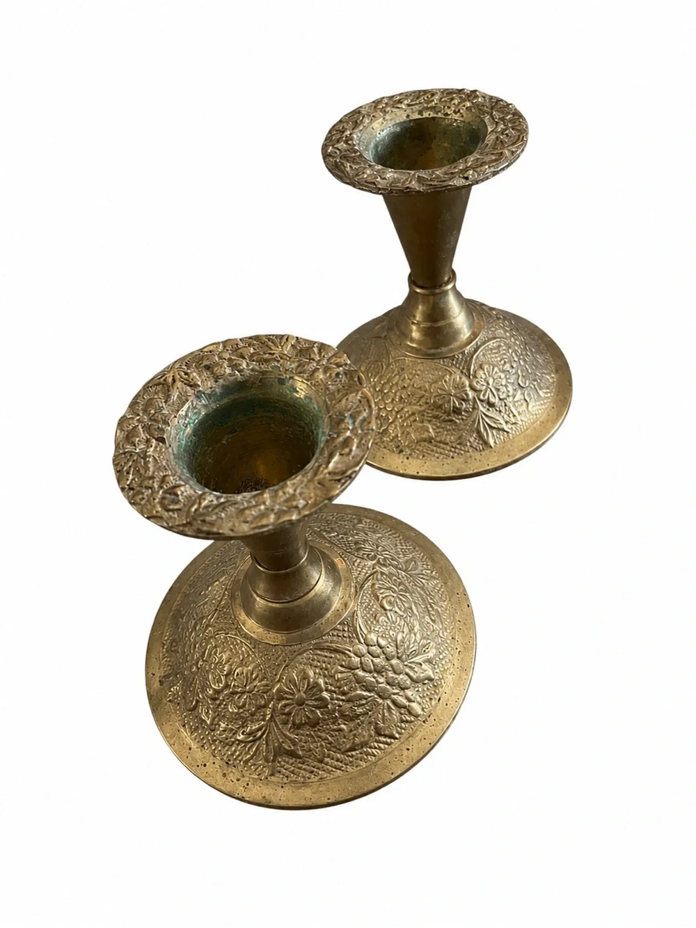 Vintage Goel India  Brass Taper Candle Holders Set of 2 Hand-Engraved Floral